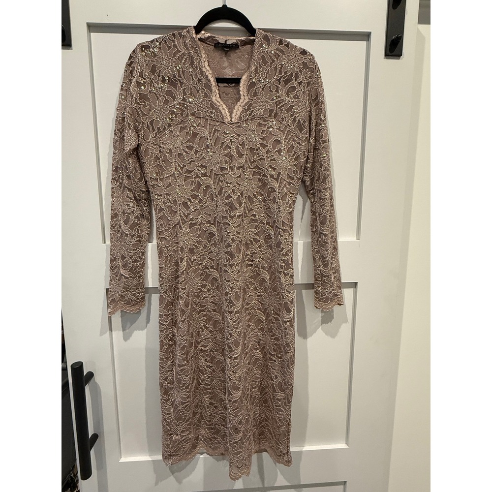 Marina Lace Sequin V-Neck Sheath Dress Taupe Long Sleeve Cocktail Formal Knee L